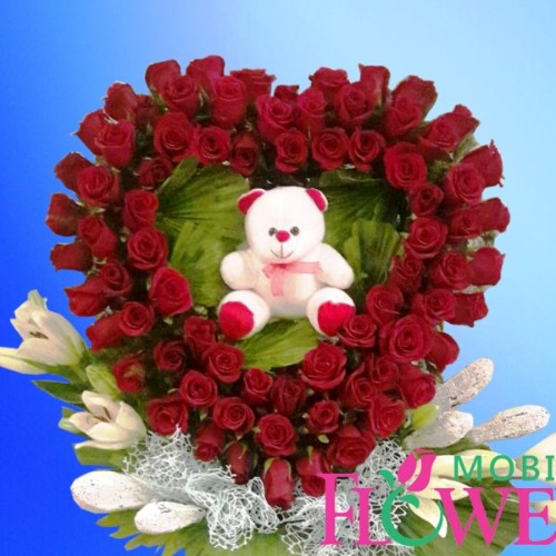 Roses n lily  heart shape with small teddy / mobile flower pune